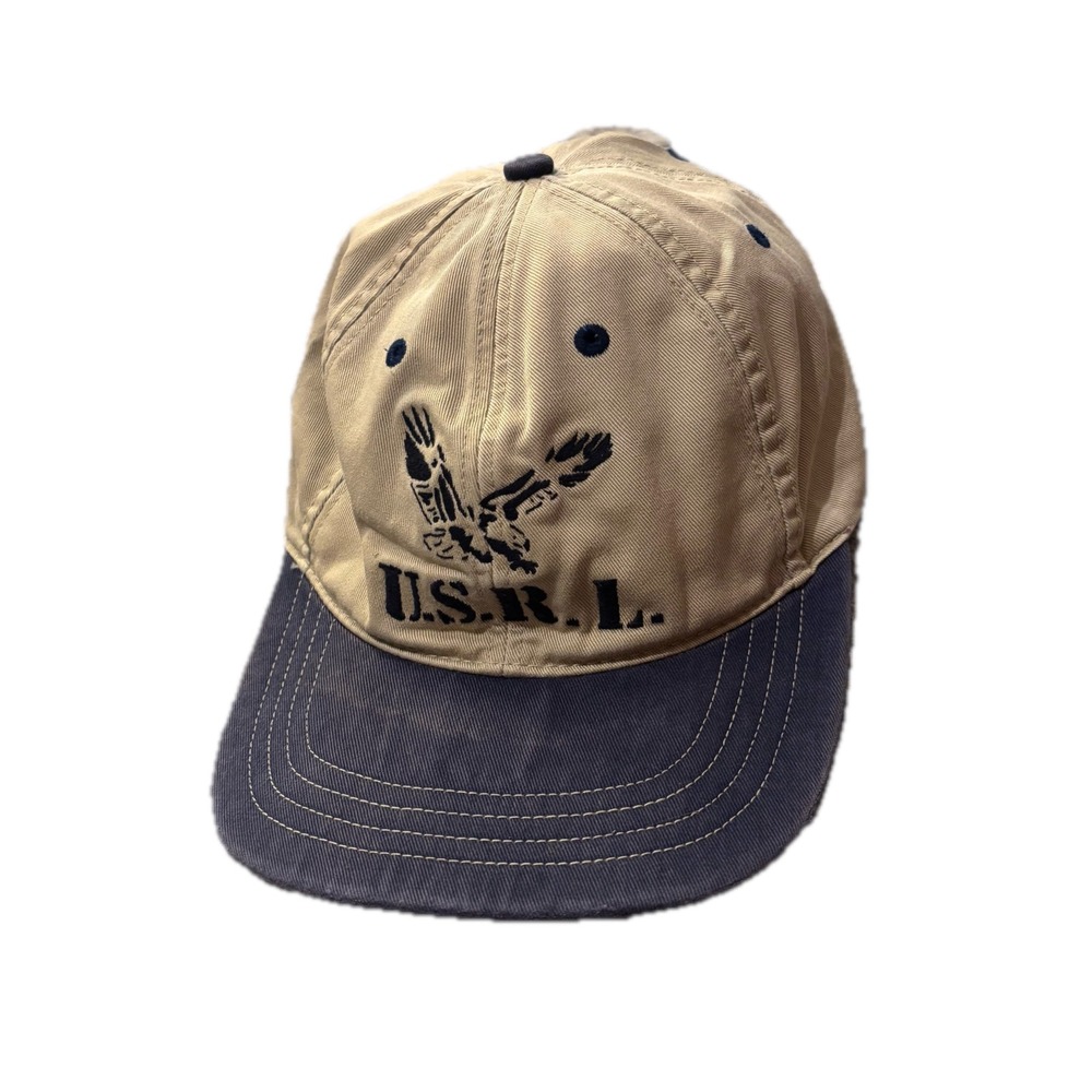 Vintage Polo Ralph Lauren USRL Eagle Hat Khaki Navy Leather Strapback Cap